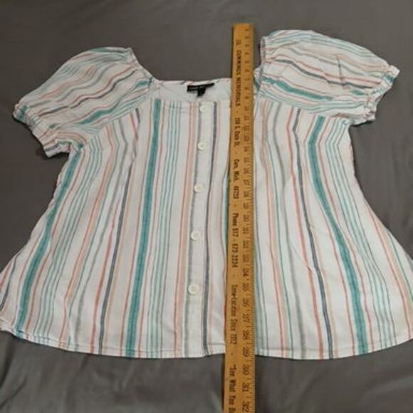 Lane Bryant 18 cap-slv fully-line white/aqua/coral vert-stripes linen blnd top - Picture 8 of 11